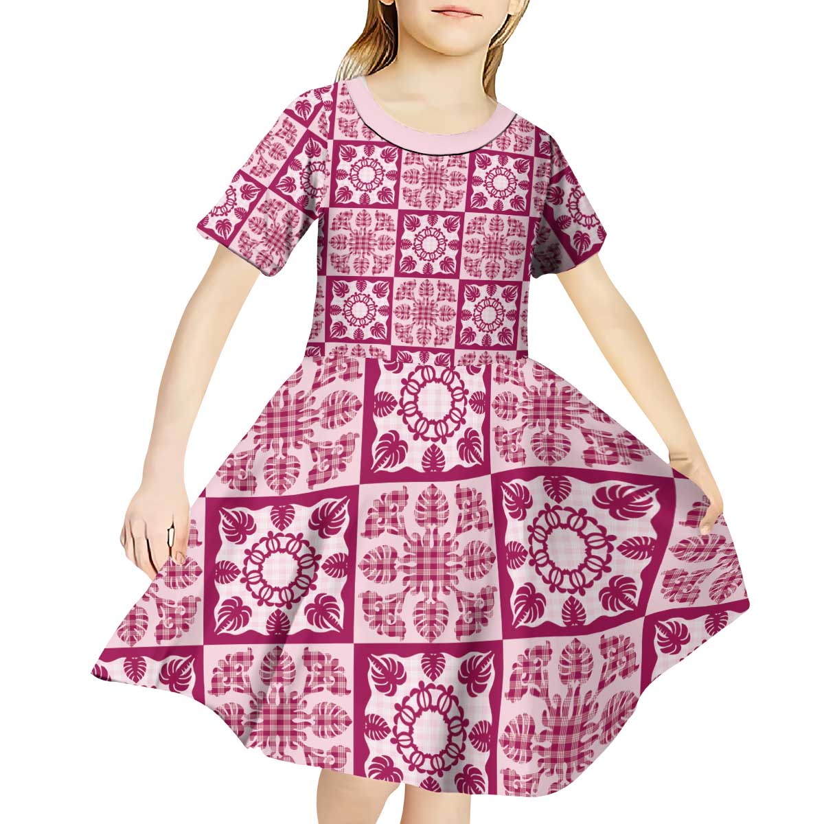 Akala Palaka Quilt Hawaii Kid Short Sleeve Dress Hawaiian Tropical Monstera Sea Turtle LT14 - Polynesian Pride