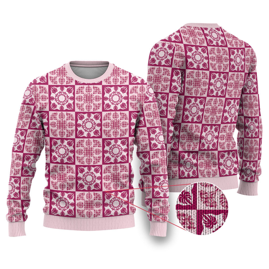 Akala Palaka Quilt Hawaii Ugly Christmas Sweater Hawaiian Tropical Monstera Sea Turtle LT14 Pink - Polynesian Pride