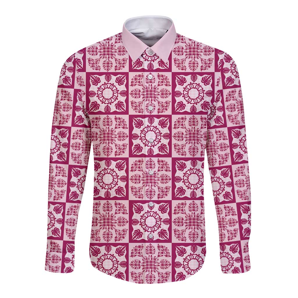 Akala Palaka Quilt Hawaii Long Sleeve Button Shirt Hawaiian Tropical Monstera Sea Turtle LT14 Unisex Pink - Polynesian Pride