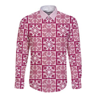 Akala Palaka Quilt Hawaii Long Sleeve Button Shirt Hawaiian Tropical Monstera Sea Turtle LT14 Unisex Pink - Polynesian Pride