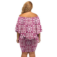 Akala Palaka Quilt Hawaii Off Shoulder Short Dress Hawaiian Tropical Monstera Sea Turtle