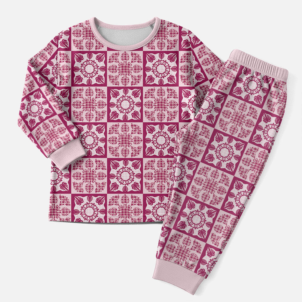Akala Palaka Quilt Hawaii Christmas Pajama Set Hawaiian Tropical Monstera Sea Turtle LT14 Men Pink - Polynesian Pride