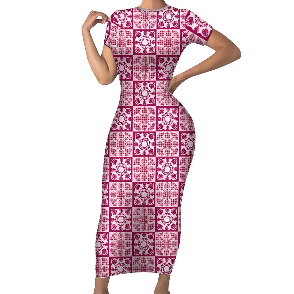Akala Palaka Quilt Hawaii Short Sleeve Bodycon Dress Hawaiian Tropical Monstera Sea Turtle
