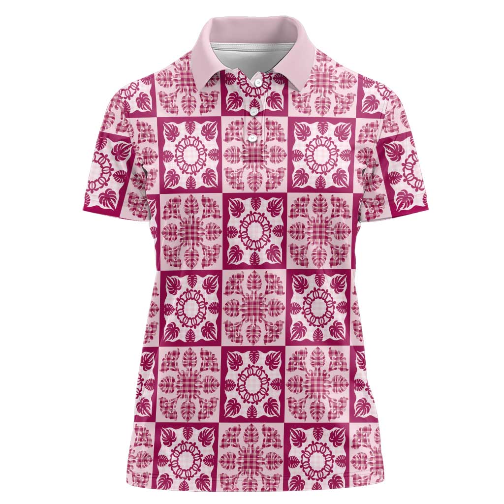 Akala Palaka Quilt Hawaii Women Polo Shirt Hawaiian Tropical Monstera Sea Turtle LT14 Female Pink - Polynesian Pride