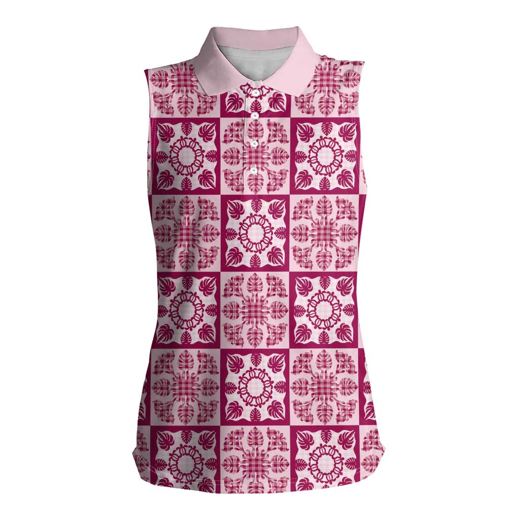 Akala Palaka Quilt Hawaii Women Sleeveless Polo Shirt Hawaiian Tropical Monstera Sea Turtle LT14 Female Pink - Polynesian Pride