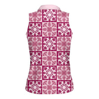 Akala Palaka Quilt Hawaii Women Sleeveless Polo Shirt Hawaiian Tropical Monstera Sea Turtle LT14 - Polynesian Pride