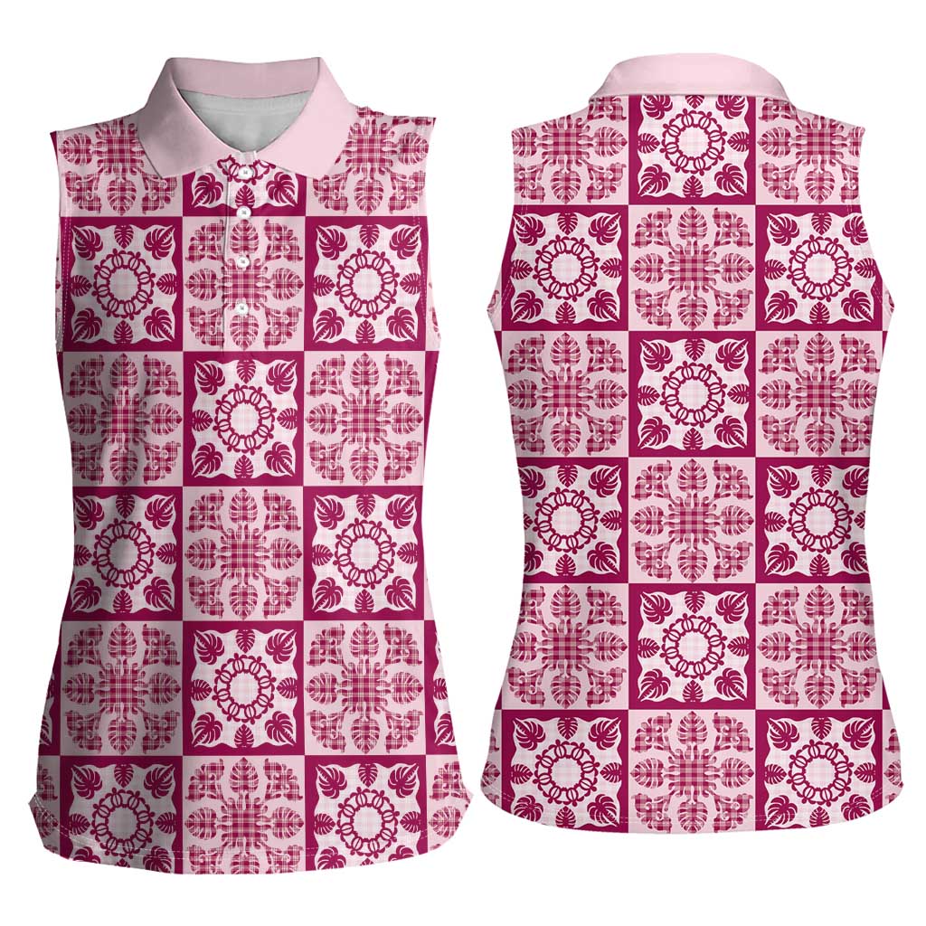 Akala Palaka Quilt Hawaii Women Sleeveless Polo Shirt Hawaiian Tropical Monstera Sea Turtle LT14 - Polynesian Pride
