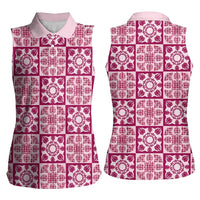 Akala Palaka Quilt Hawaii Women Sleeveless Polo Shirt Hawaiian Tropical Monstera Sea Turtle LT14 - Polynesian Pride
