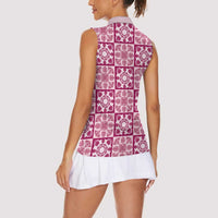 Akala Palaka Quilt Hawaii Women Sleeveless Polo Shirt Hawaiian Tropical Monstera Sea Turtle LT14 - Polynesian Pride