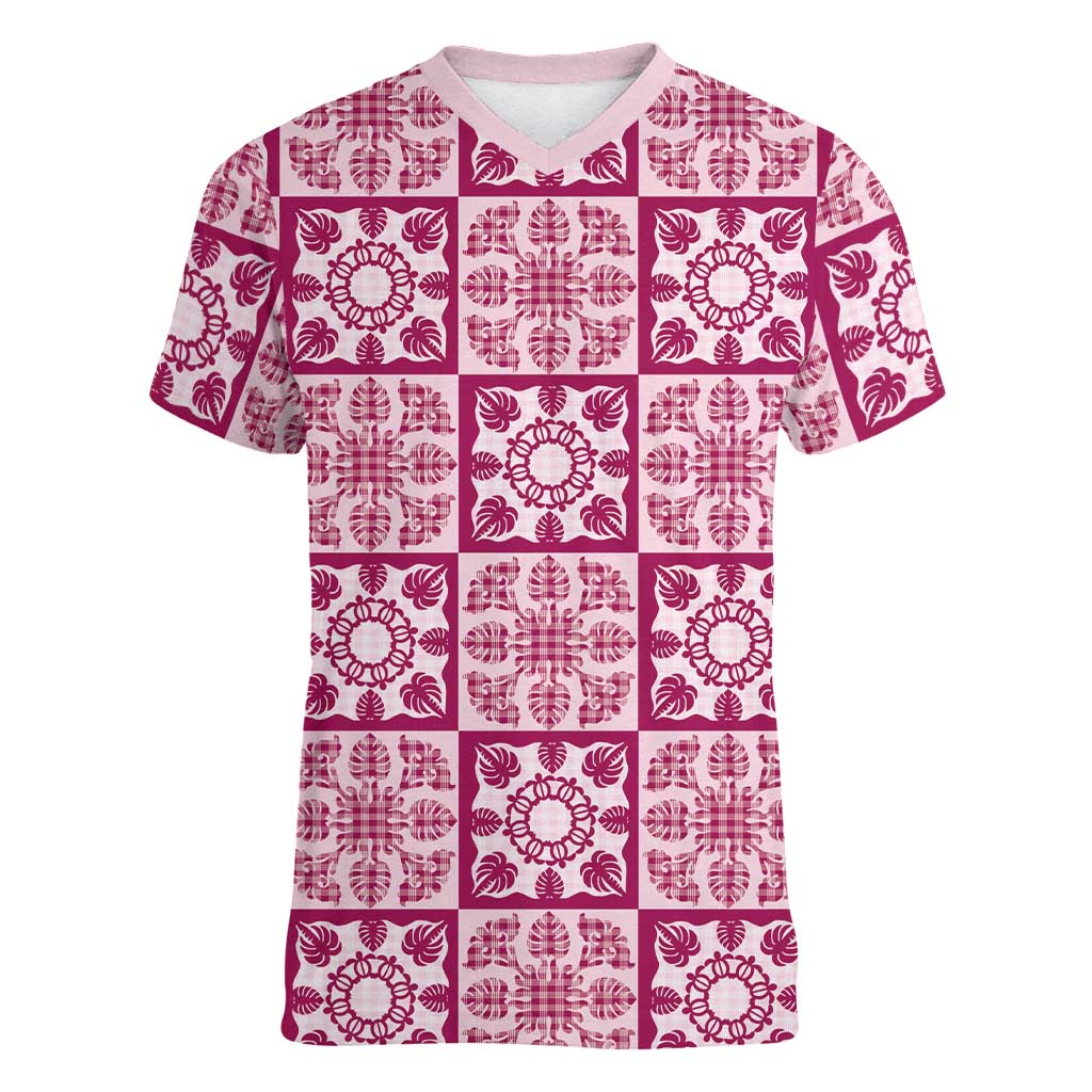 Akala Palaka Quilt Hawaii Women V-Neck T-Shirt Hawaiian Tropical Monstera Sea Turtle LT14 Female Pink - Polynesian Pride