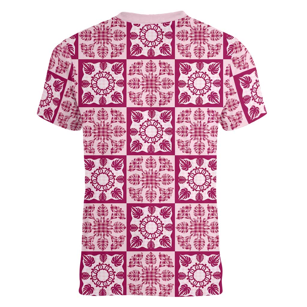 Akala Palaka Quilt Hawaii Women V-Neck T-Shirt Hawaiian Tropical Monstera Sea Turtle LT14 - Polynesian Pride