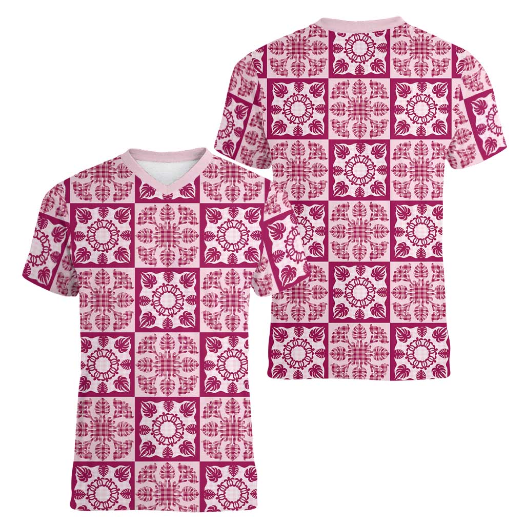 Akala Palaka Quilt Hawaii Women V-Neck T-Shirt Hawaiian Tropical Monstera Sea Turtle LT14 - Polynesian Pride
