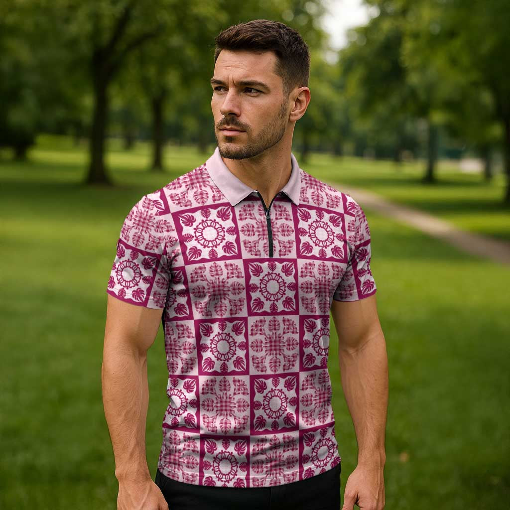 Akala Palaka Quilt Hawaii Zipper Polo Shirt Hawaiian Tropical Monstera Sea Turtle