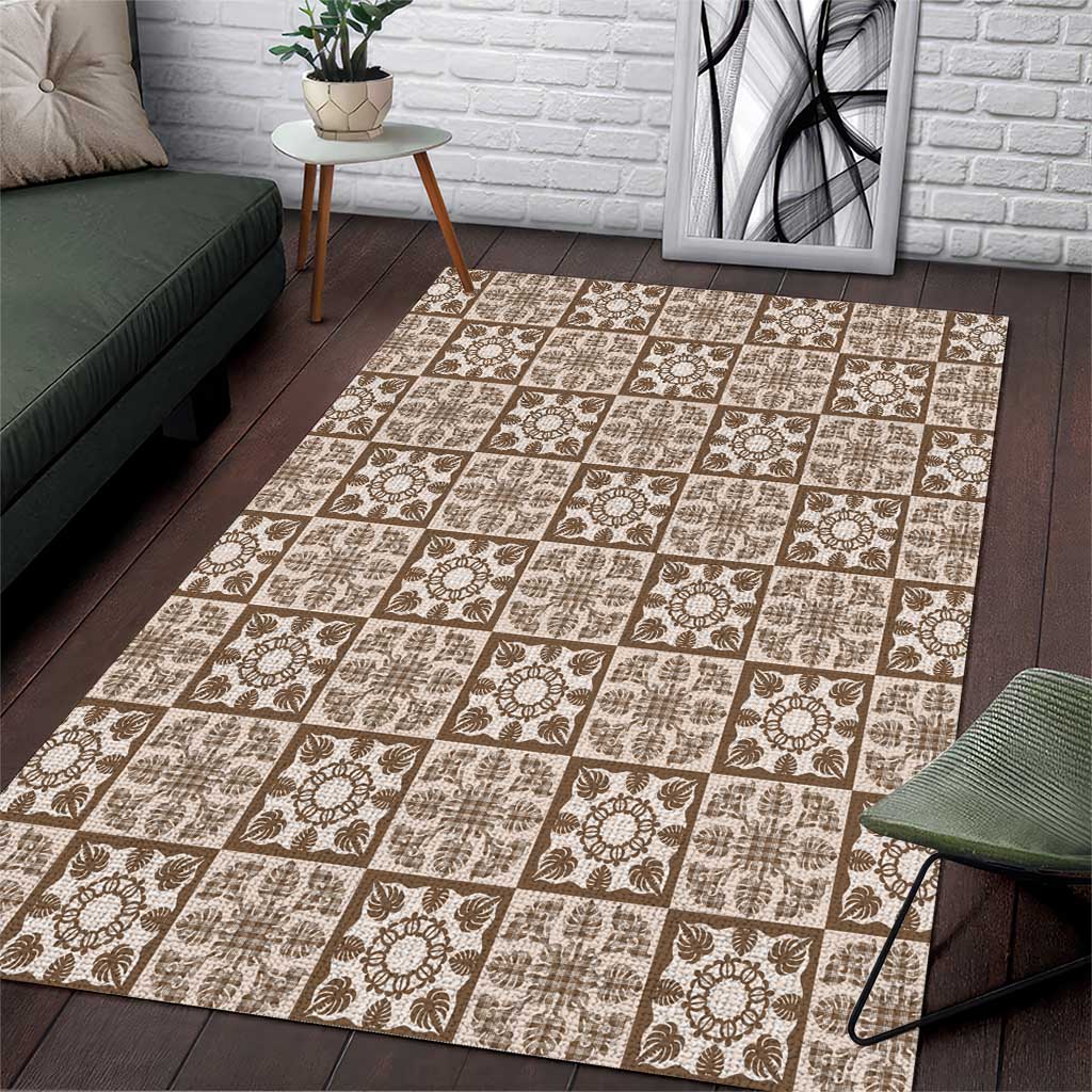 Beige Palaka Quilt Hawaii Area Rug Hawaiian Tropical Monstera Sea Turtle