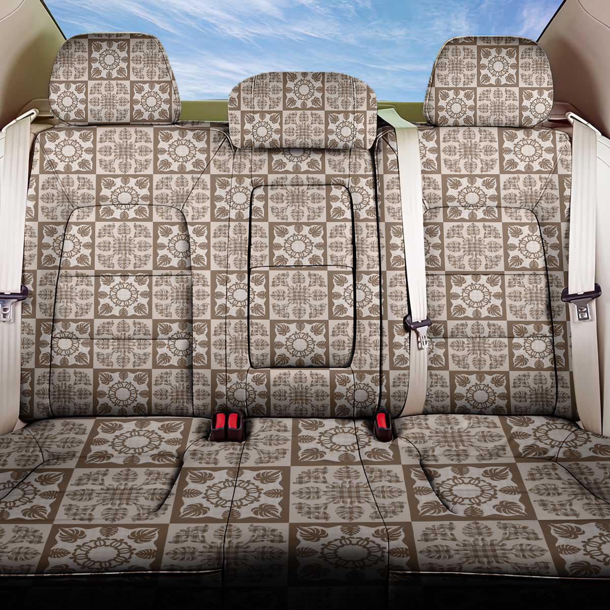 Beige Palaka Quilt Hawaii Back Car Seat Cover Hawaiian Tropical Monstera Sea Turtle