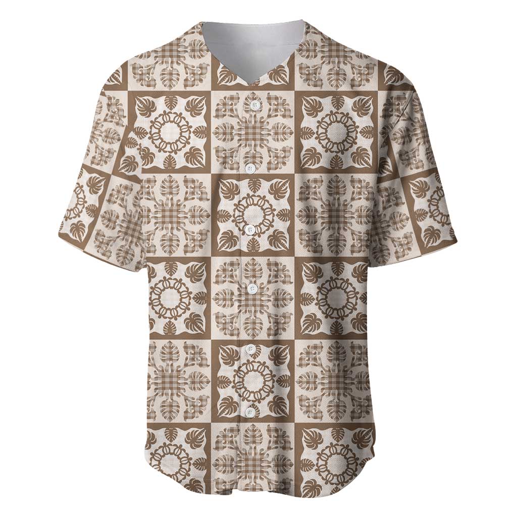 Beige Palaka Quilt Hawaii Baseball Jersey Hawaiian Tropical Monstera Sea Turtle