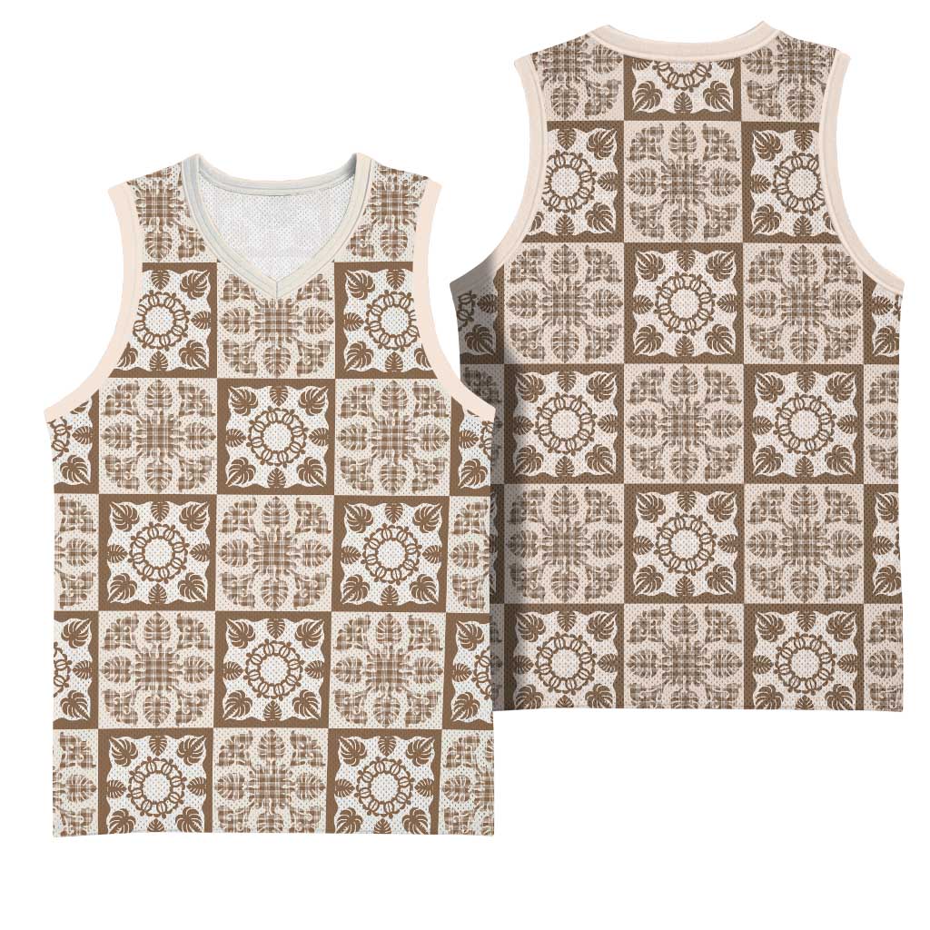 Beige Palaka Quilt Hawaii Basketball Jersey Hawaiian Tropical Monstera Sea Turtle