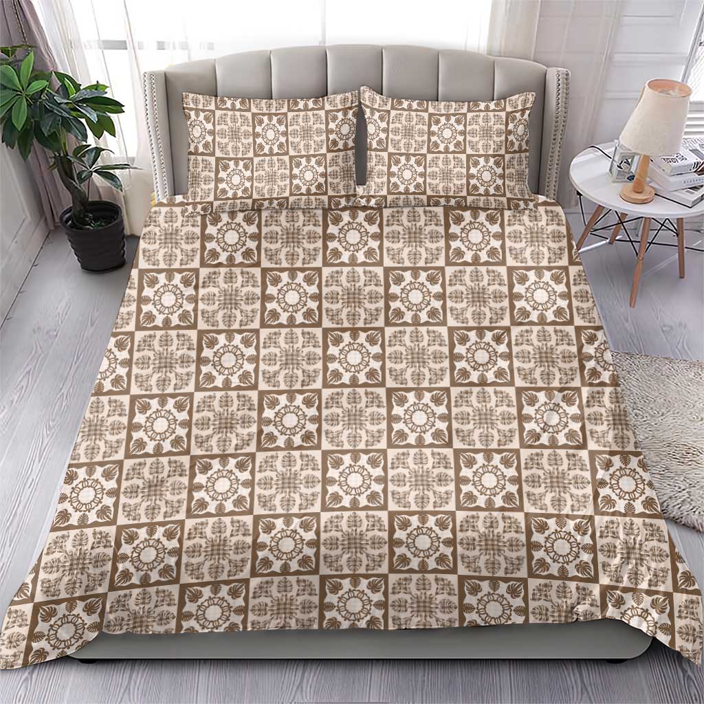 Beige Palaka Quilt Hawaii Bedding Set Hawaiian Tropical Monstera Sea Turtle