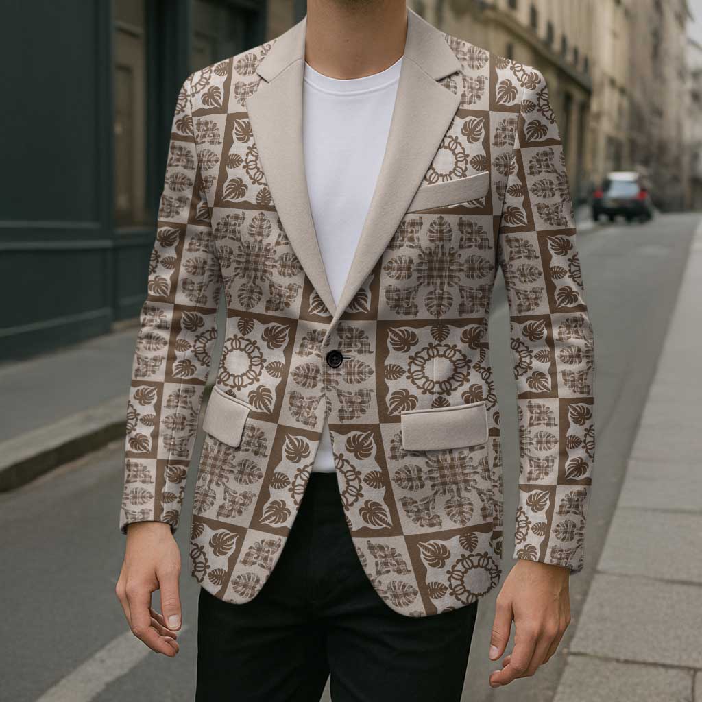 Beige Palaka Quilt Hawaii Blazer Hawaiian Tropical Monstera Sea Turtle