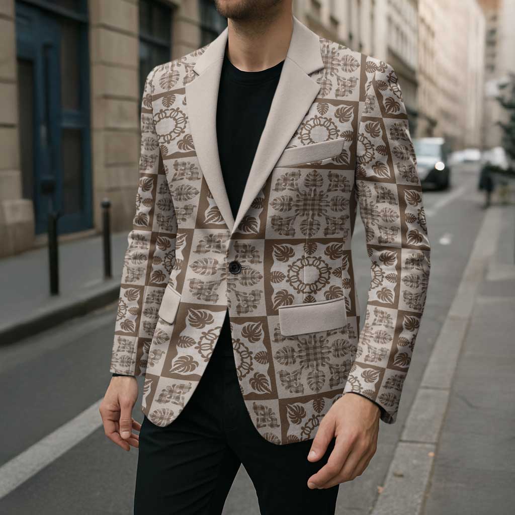 Beige Palaka Quilt Hawaii Blazer Hawaiian Tropical Monstera Sea Turtle