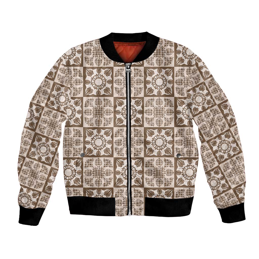 Beige Palaka Quilt Hawaii Bomber Jacket Hawaiian Tropical Monstera Sea Turtle