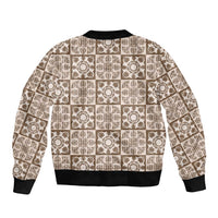 Beige Palaka Quilt Hawaii Bomber Jacket Hawaiian Tropical Monstera Sea Turtle