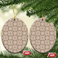 Beige Palaka Quilt Hawaii Ceramic Ornament Hawaiian Tropical Monstera Sea Turtle LT14 Oval Beige - Polynesian Pride