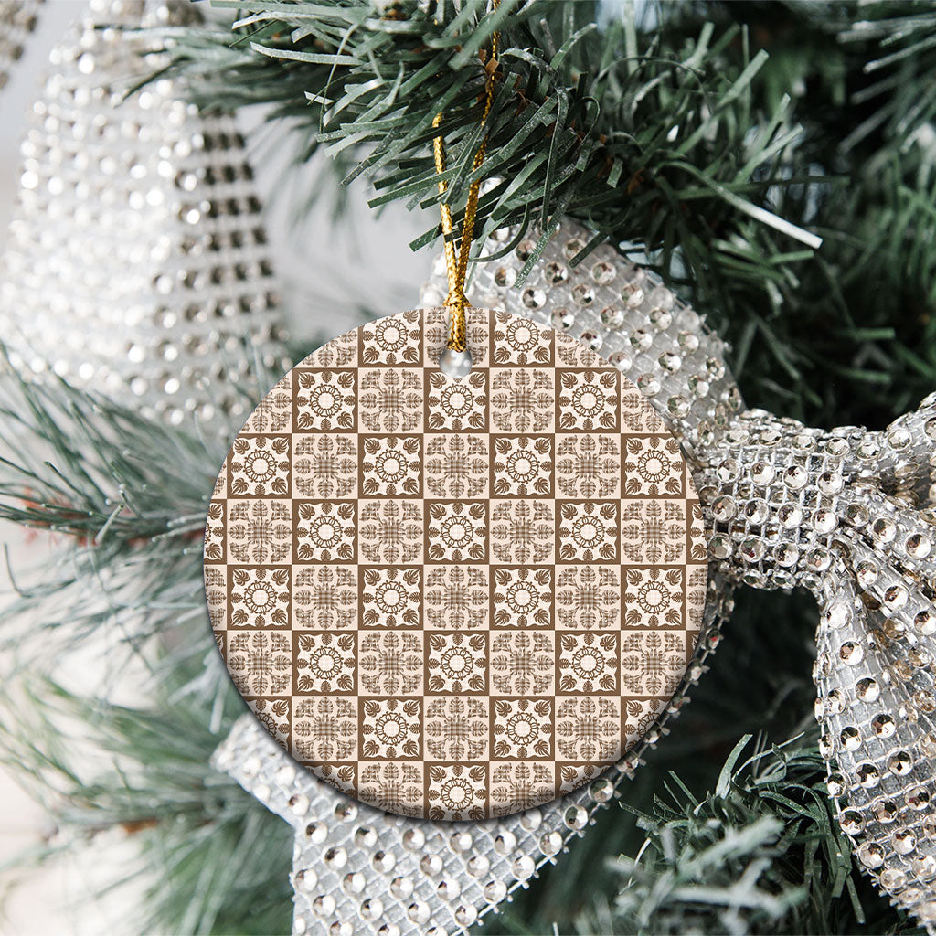 Beige Palaka Quilt Hawaii Ceramic Ornament Hawaiian Tropical Monstera Sea Turtle LT14 - Polynesian Pride