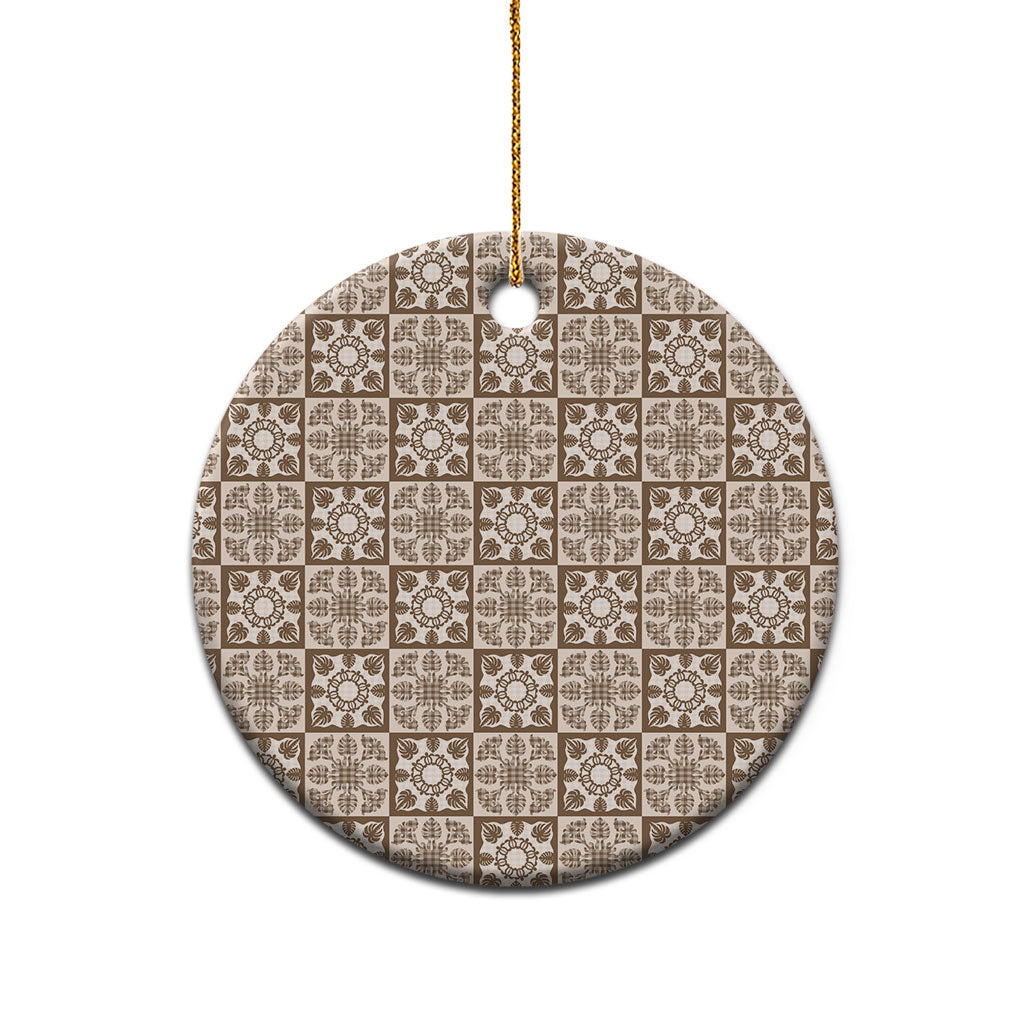 Beige Palaka Quilt Hawaii Ceramic Ornament Hawaiian Tropical Monstera Sea Turtle LT14 - Polynesian Pride