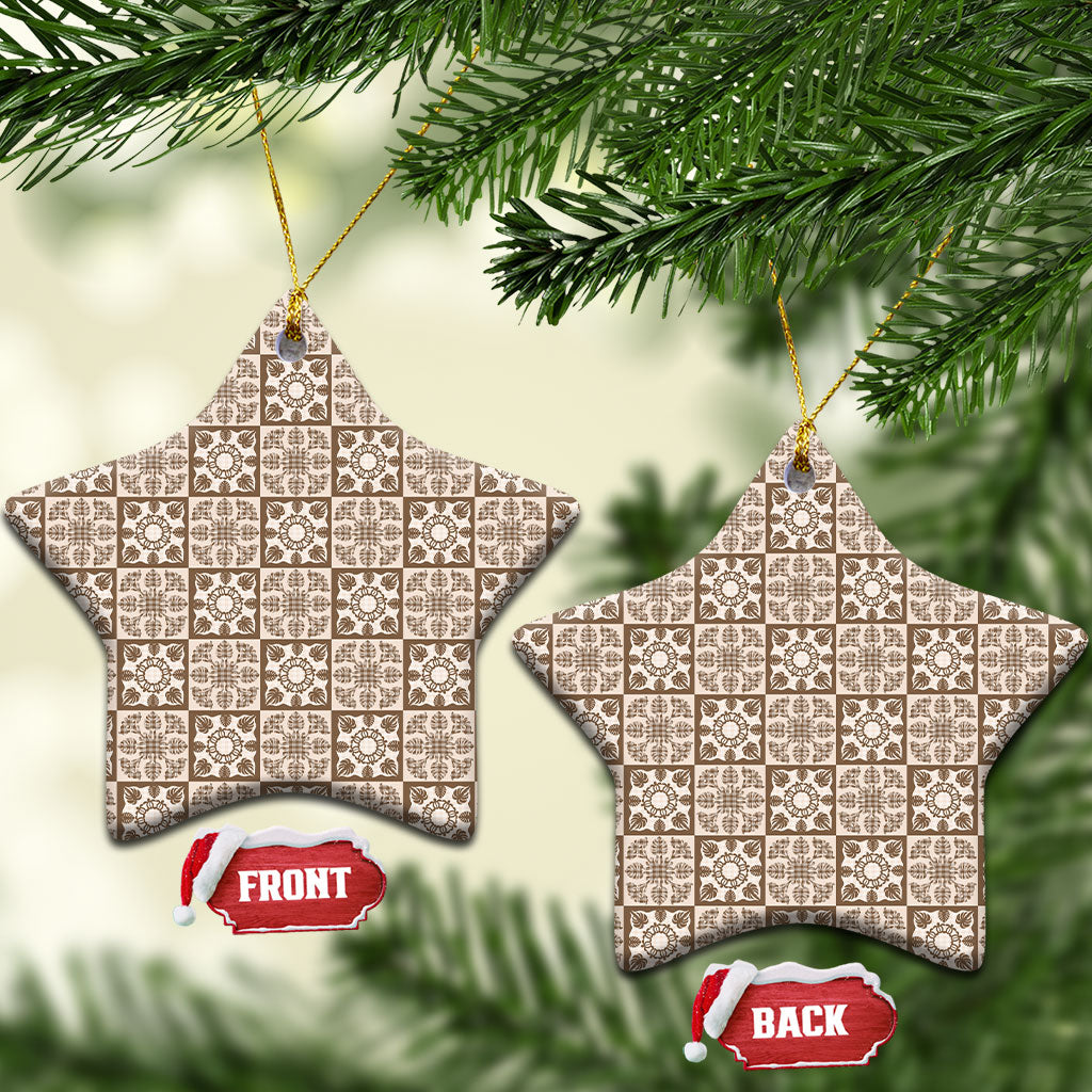 Beige Palaka Quilt Hawaii Ceramic Ornament Hawaiian Tropical Monstera Sea Turtle LT14 Star Beige - Polynesian Pride