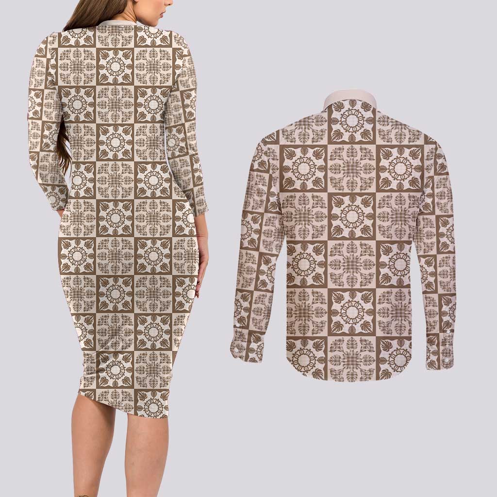 Beige Palaka Quilt Hawaii Couples Matching Long Sleeve Bodycon Dress and Long Sleeve Button Shirt Hawaiian Tropical Monstera Sea Turtle