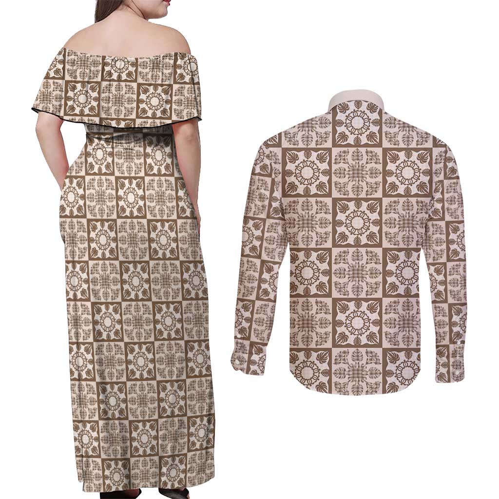 Beige Palaka Quilt Hawaii Couples Matching Off Shoulder Maxi Dress and Long Sleeve Button Shirt Hawaiian Tropical Monstera Sea Turtle LT14 - Polynesian Pride