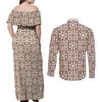 Beige Palaka Quilt Hawaii Couples Matching Off Shoulder Maxi Dress and Long Sleeve Button Shirt Hawaiian Tropical Monstera Sea Turtle LT14 - Polynesian Pride