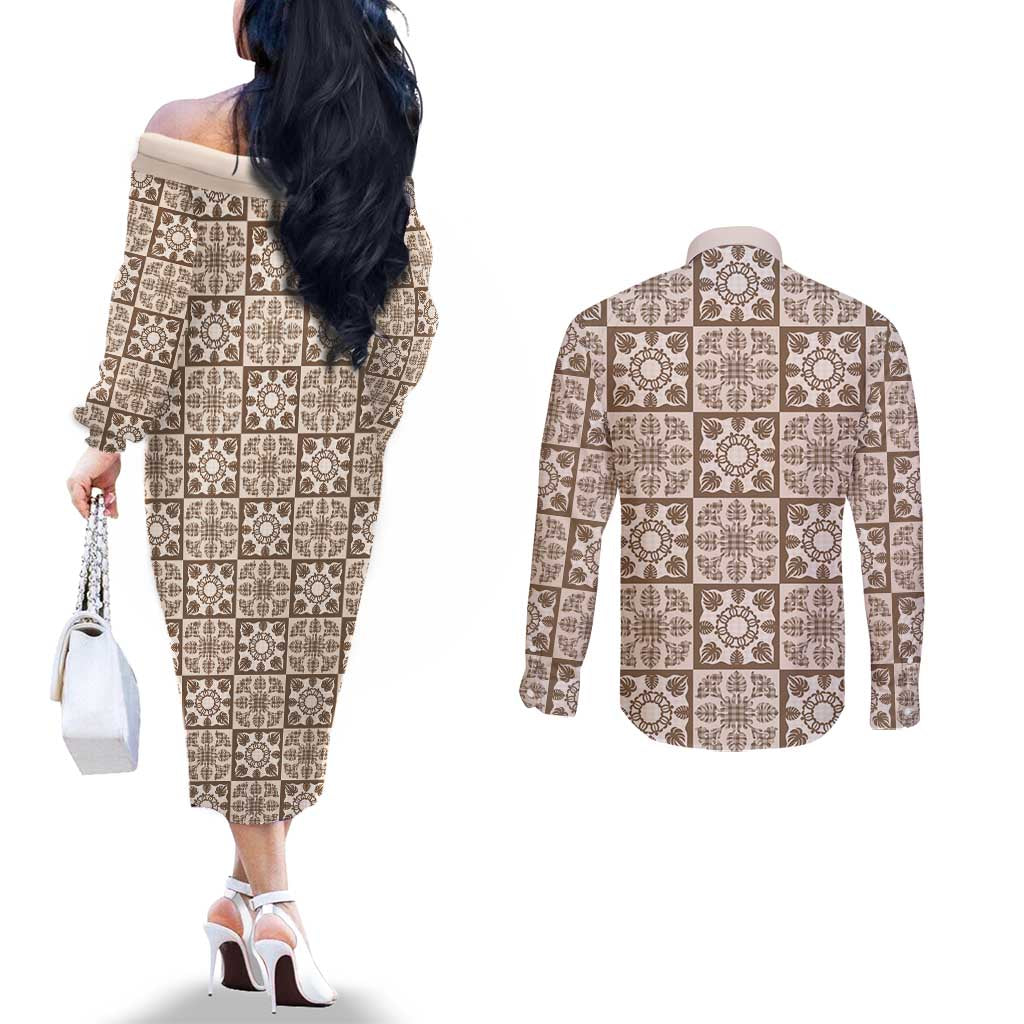 Beige Palaka Quilt Hawaii Couples Matching Off The Shoulder Long Sleeve Dress and Long Sleeve Button Shirt Hawaiian Tropical Monstera Sea Turtle