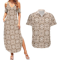 Beige Palaka Quilt Hawaii Couples Matching Summer Maxi Dress and Hawaiian Shirt Hawaiian Tropical Monstera Sea Turtle