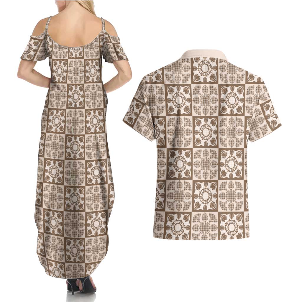 Beige Palaka Quilt Hawaii Couples Matching Summer Maxi Dress and Hawaiian Shirt Hawaiian Tropical Monstera Sea Turtle