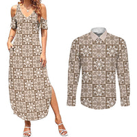 Beige Palaka Quilt Hawaii Couples Matching Summer Maxi Dress and Long Sleeve Button Shirt Hawaiian Tropical Monstera Sea Turtle LT14 Beige - Polynesian Pride