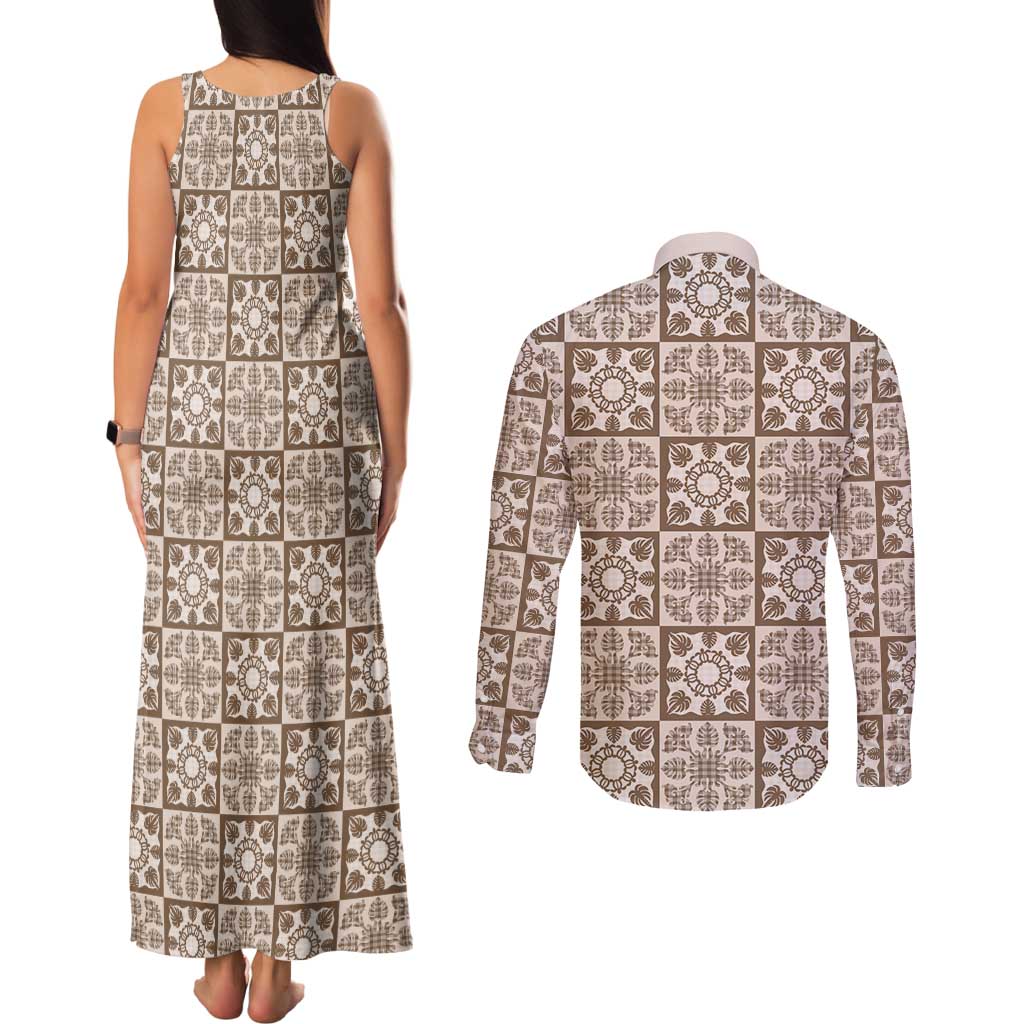 Beige Palaka Quilt Hawaii Couples Matching Tank Maxi Dress and Long Sleeve Button Shirt Hawaiian Tropical Monstera Sea Turtle LT14 - Polynesian Pride