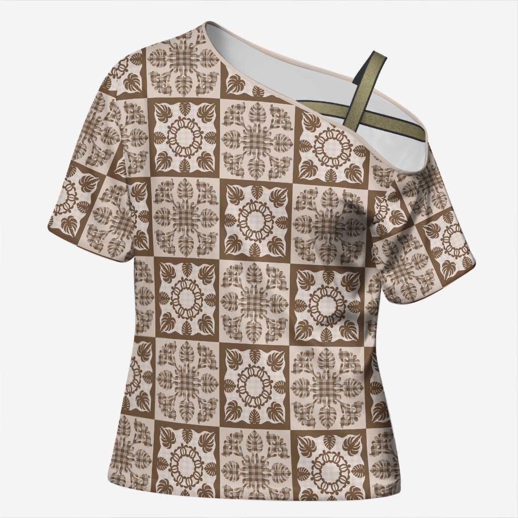 Beige Palaka Quilt Hawaii Cross Shoulder Shirt Hawaiian Tropical Monstera Sea Turtle