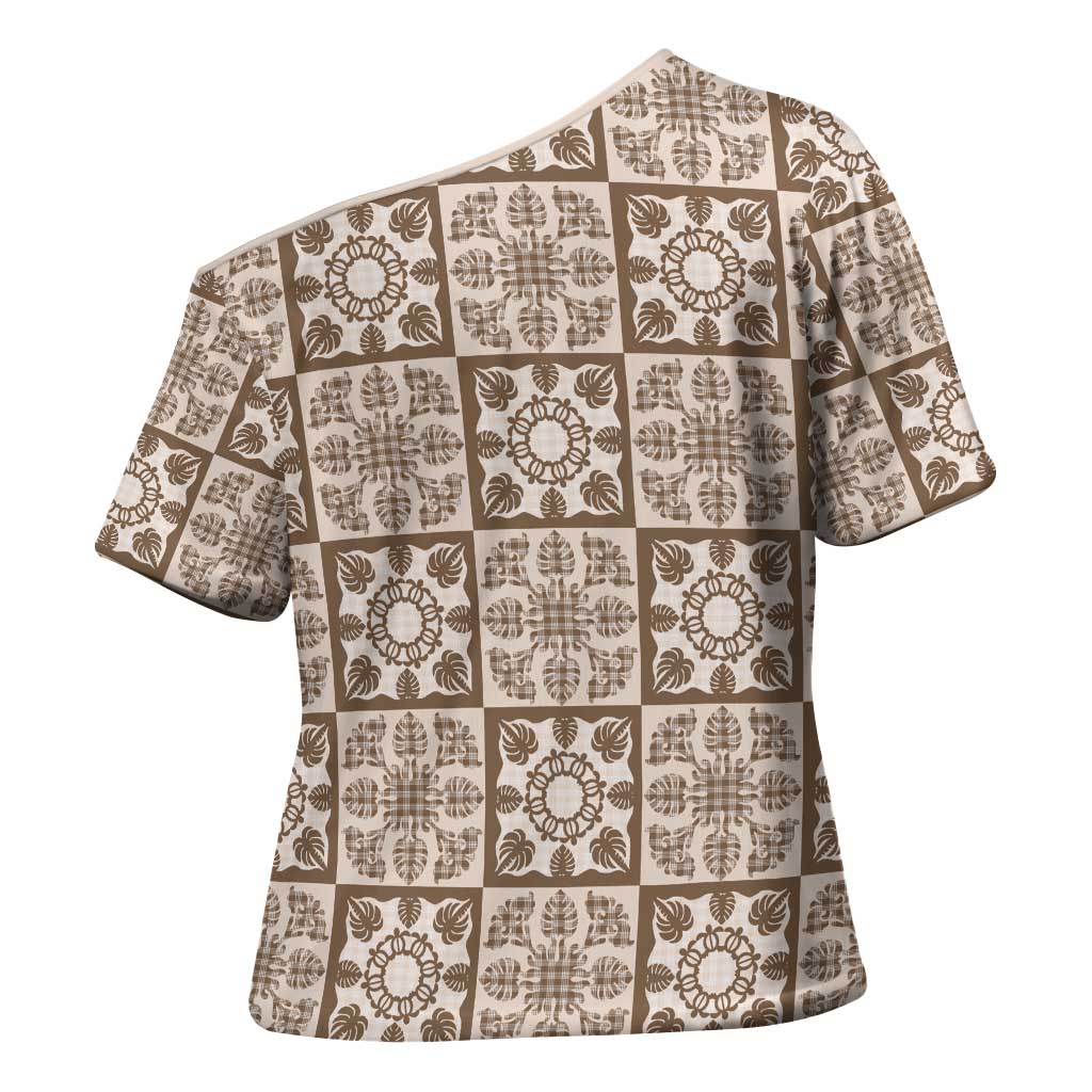 Beige Palaka Quilt Hawaii Cross Shoulder Shirt Hawaiian Tropical Monstera Sea Turtle