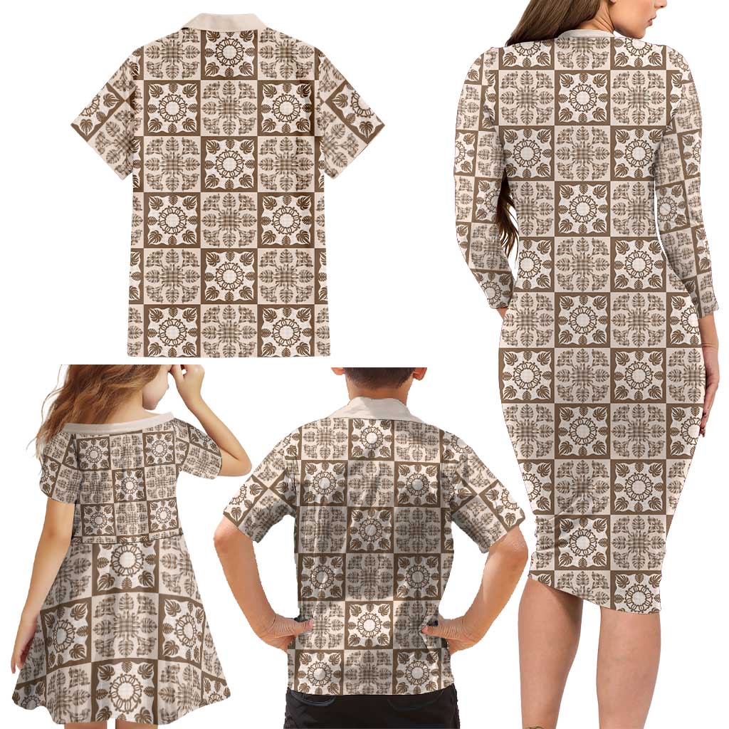Beige Palaka Quilt Hawaii Family Matching Long Sleeve Bodycon Dress and Hawaiian Shirt Hawaiian Tropical Monstera Sea Turtle