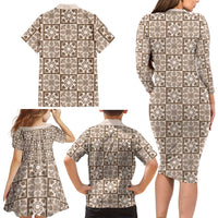 Beige Palaka Quilt Hawaii Family Matching Long Sleeve Bodycon Dress and Hawaiian Shirt Hawaiian Tropical Monstera Sea Turtle