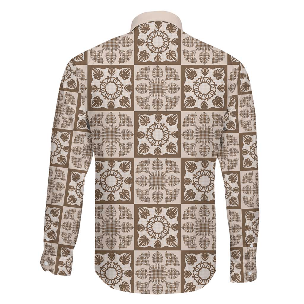 Beige Palaka Quilt Hawaii Family Matching Long Sleeve Bodycon Dress and Hawaiian Shirt Hawaiian Tropical Monstera Sea Turtle