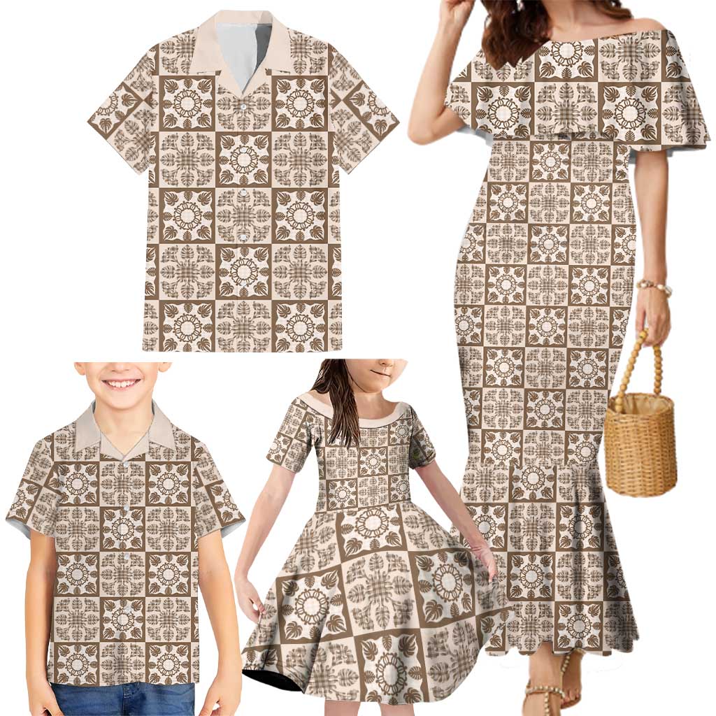 Beige Palaka Quilt Hawaii Family Matching Mermaid Dress and Hawaiian Shirt Hawaiian Tropical Monstera Sea Turtle