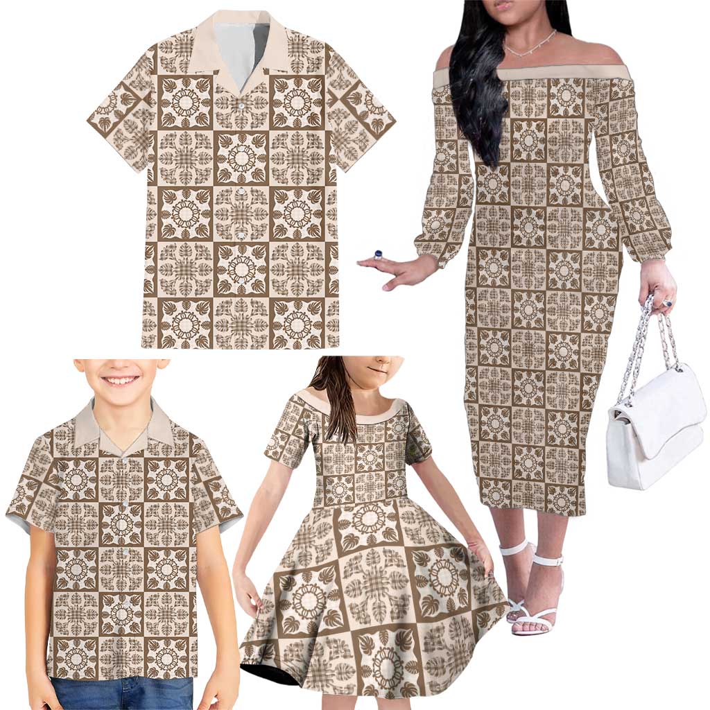 Beige Palaka Quilt Hawaii Family Matching Off The Shoulder Long Sleeve Dress and Hawaiian Shirt Hawaiian Tropical Monstera Sea Turtle
