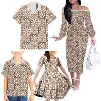 Beige Palaka Quilt Hawaii Family Matching Off The Shoulder Long Sleeve Dress and Hawaiian Shirt Hawaiian Tropical Monstera Sea Turtle
