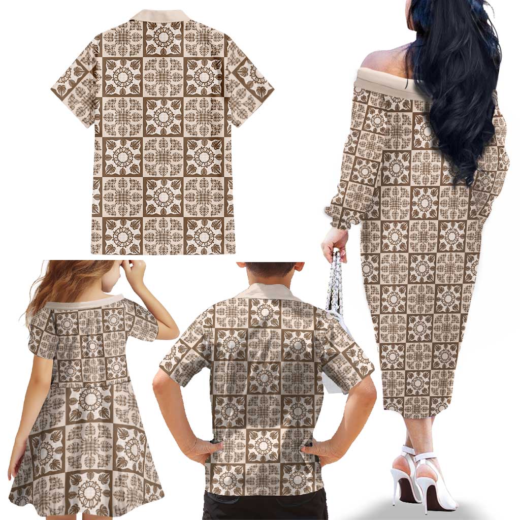 Beige Palaka Quilt Hawaii Family Matching Off The Shoulder Long Sleeve Dress and Hawaiian Shirt Hawaiian Tropical Monstera Sea Turtle