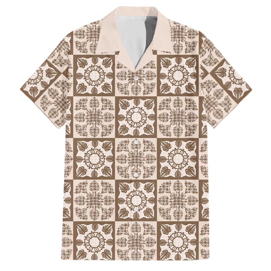 Beige Palaka Quilt Hawaii Family Matching Off The Shoulder Long Sleeve Dress and Hawaiian Shirt Hawaiian Tropical Monstera Sea Turtle