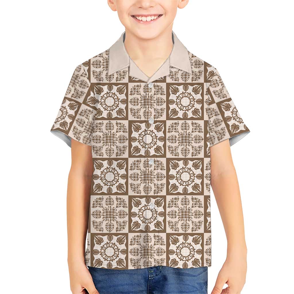 Beige Palaka Quilt Hawaii Family Matching Off The Shoulder Long Sleeve Dress and Hawaiian Shirt Hawaiian Tropical Monstera Sea Turtle