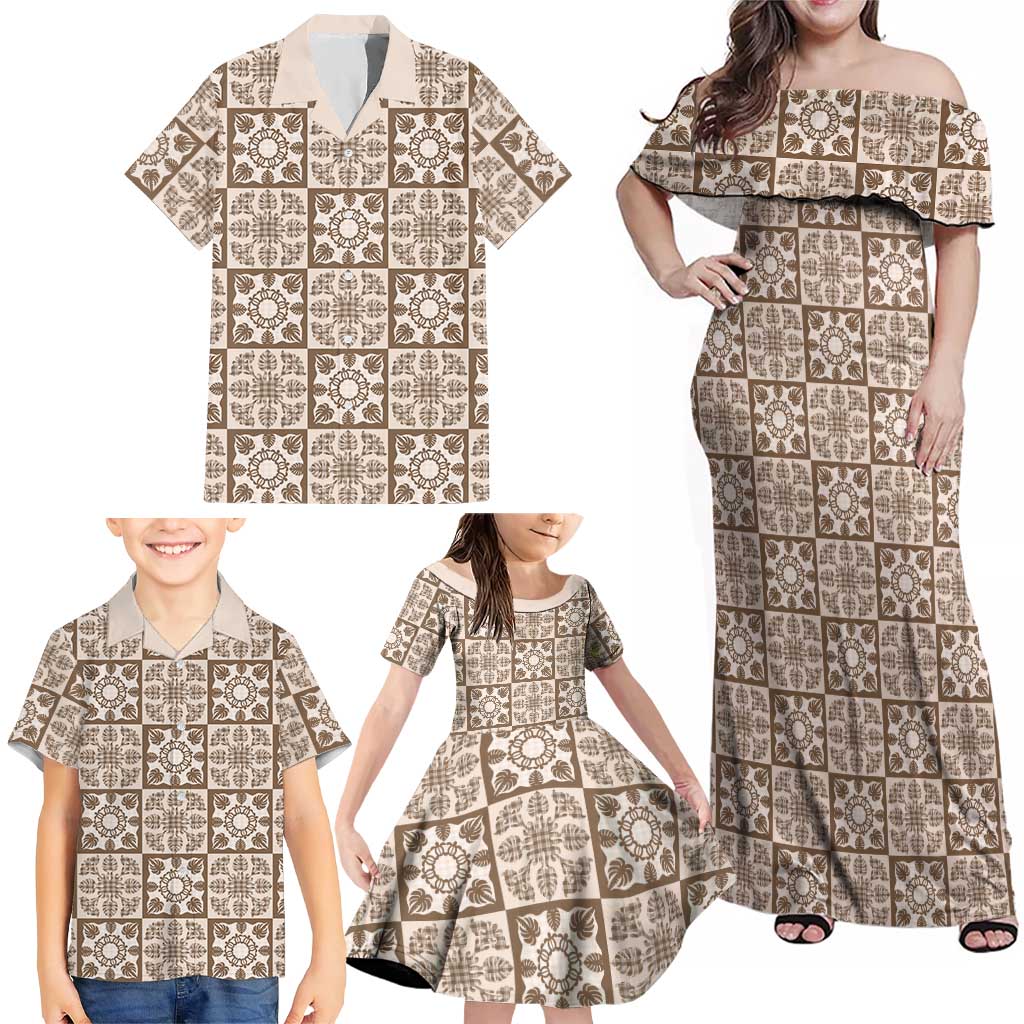 Beige Palaka Quilt Hawaii Family Matching Off Shoulder Maxi Dress and Hawaiian Shirt Hawaiian Tropical Monstera Sea Turtle LT14 - Polynesian Pride